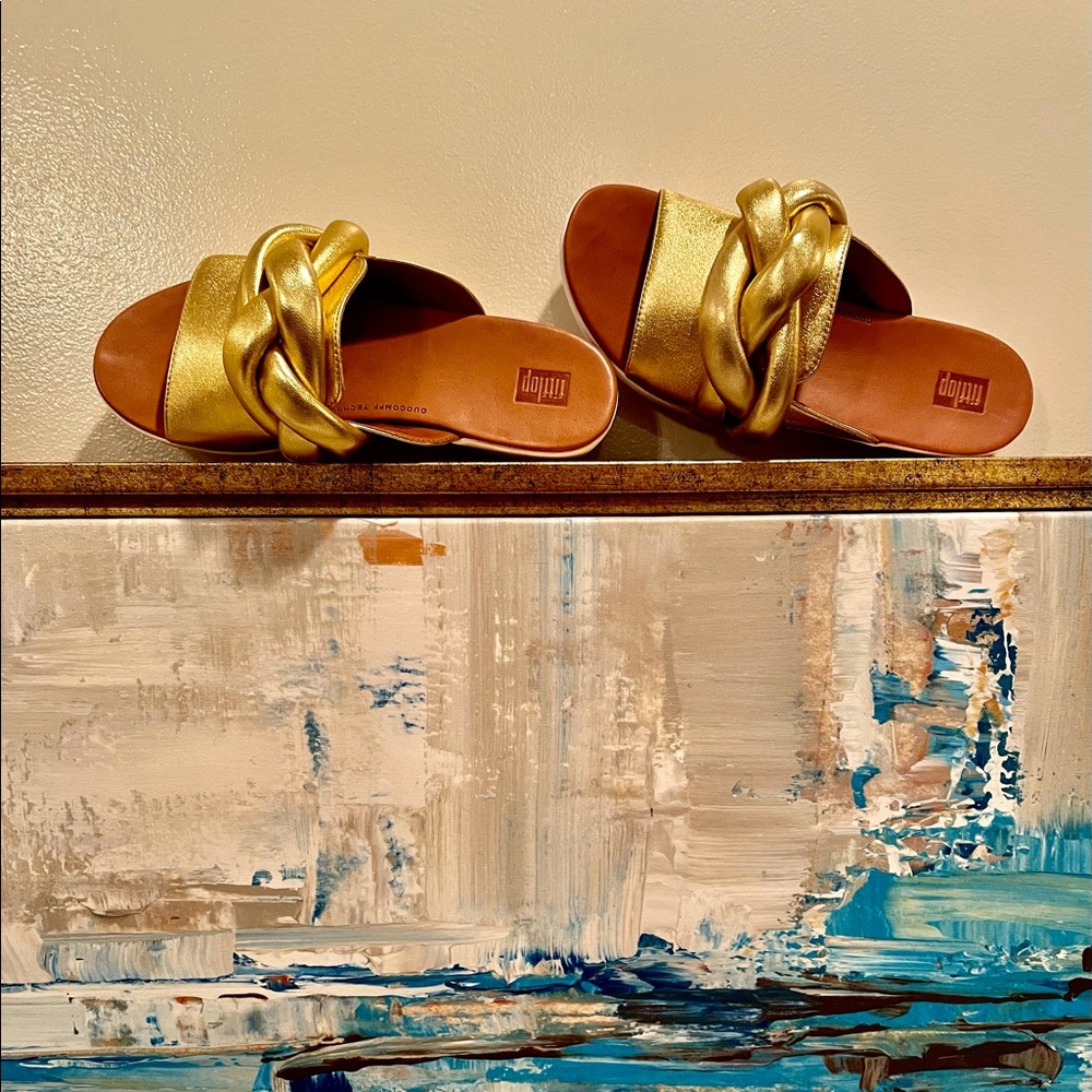 NWT FitFlop gold REAL leather Artisan FITFLOP braid front knot slides podiatric - Picture 10 of 16